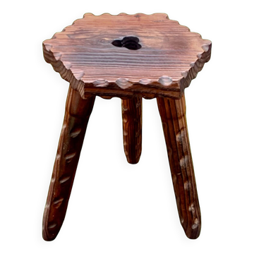 Antique brutalist tripod stool in solid wood