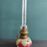 French vintage oil lamp with majolica and glass base