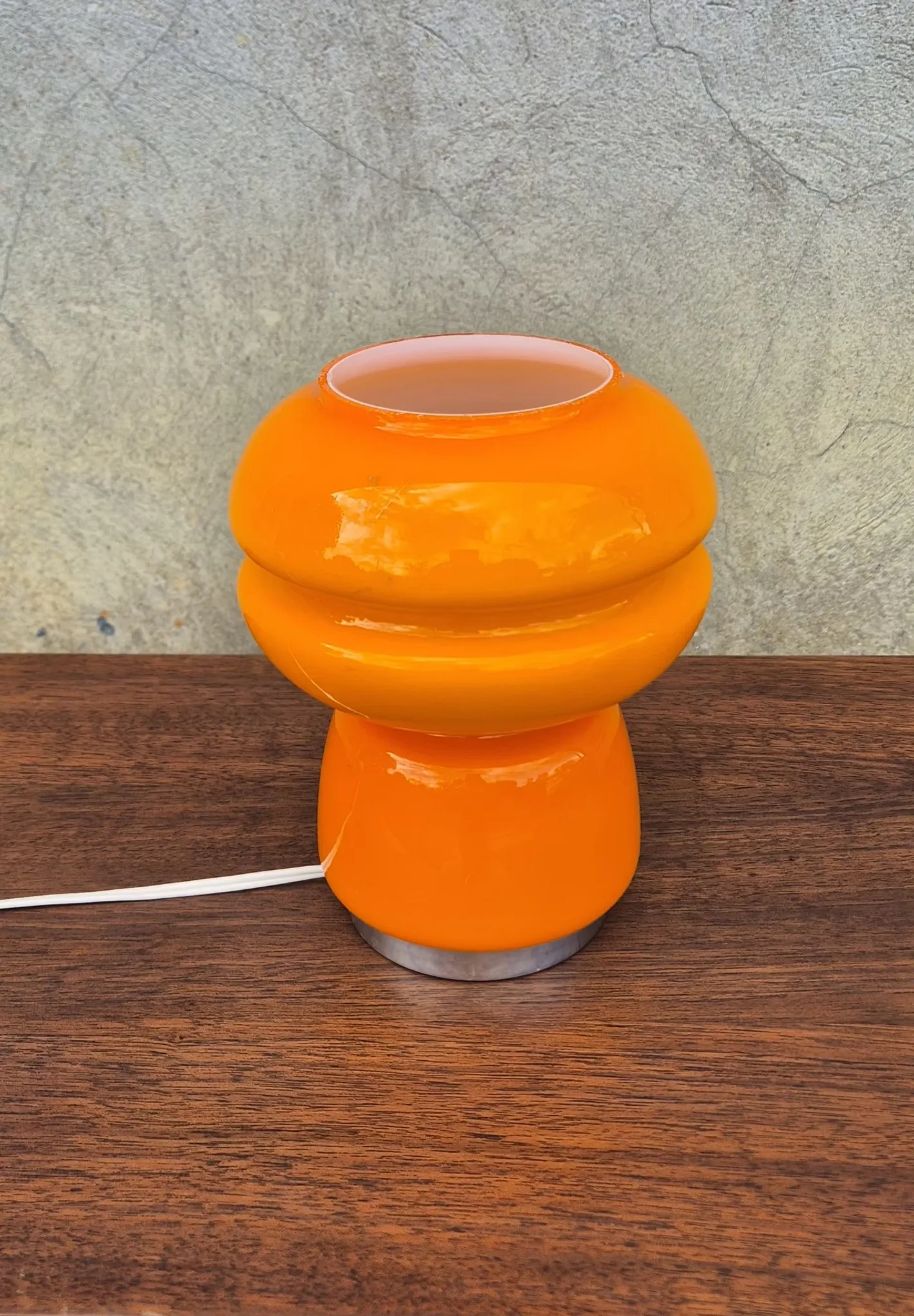 Small vintage orange mushroom lamp in opaline glass, space age.