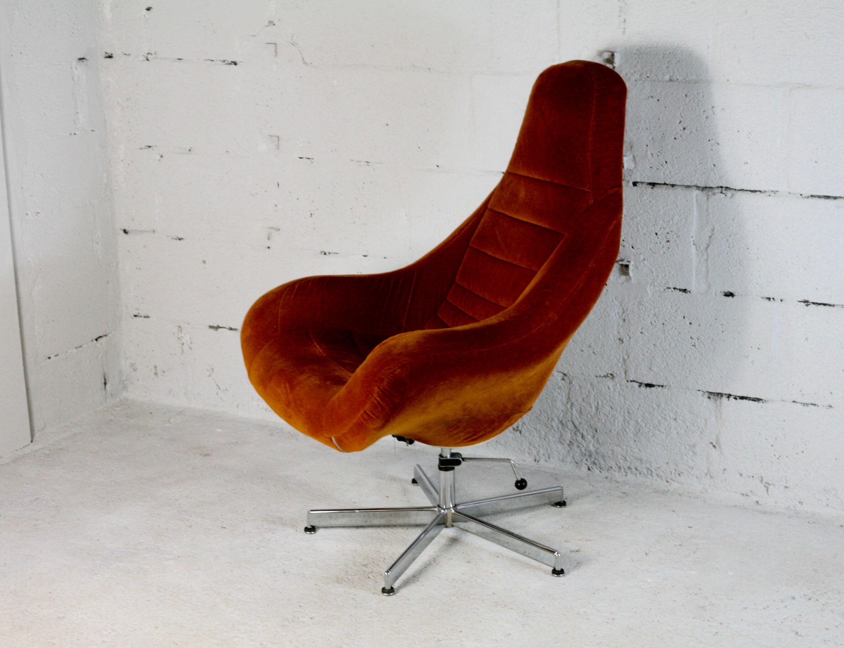 Space age chair, fiberglass, orange velvet, circa 1970s