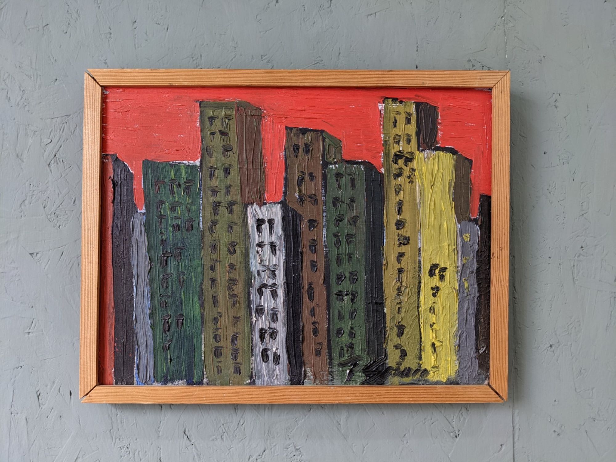 Mid-Century Modern Swedish "Skyline" Vintage Framed Cityscape Oil Painting