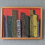 Mid-Century Modern Swedish "Skyline" Vintage Framed Cityscape Oil Painting