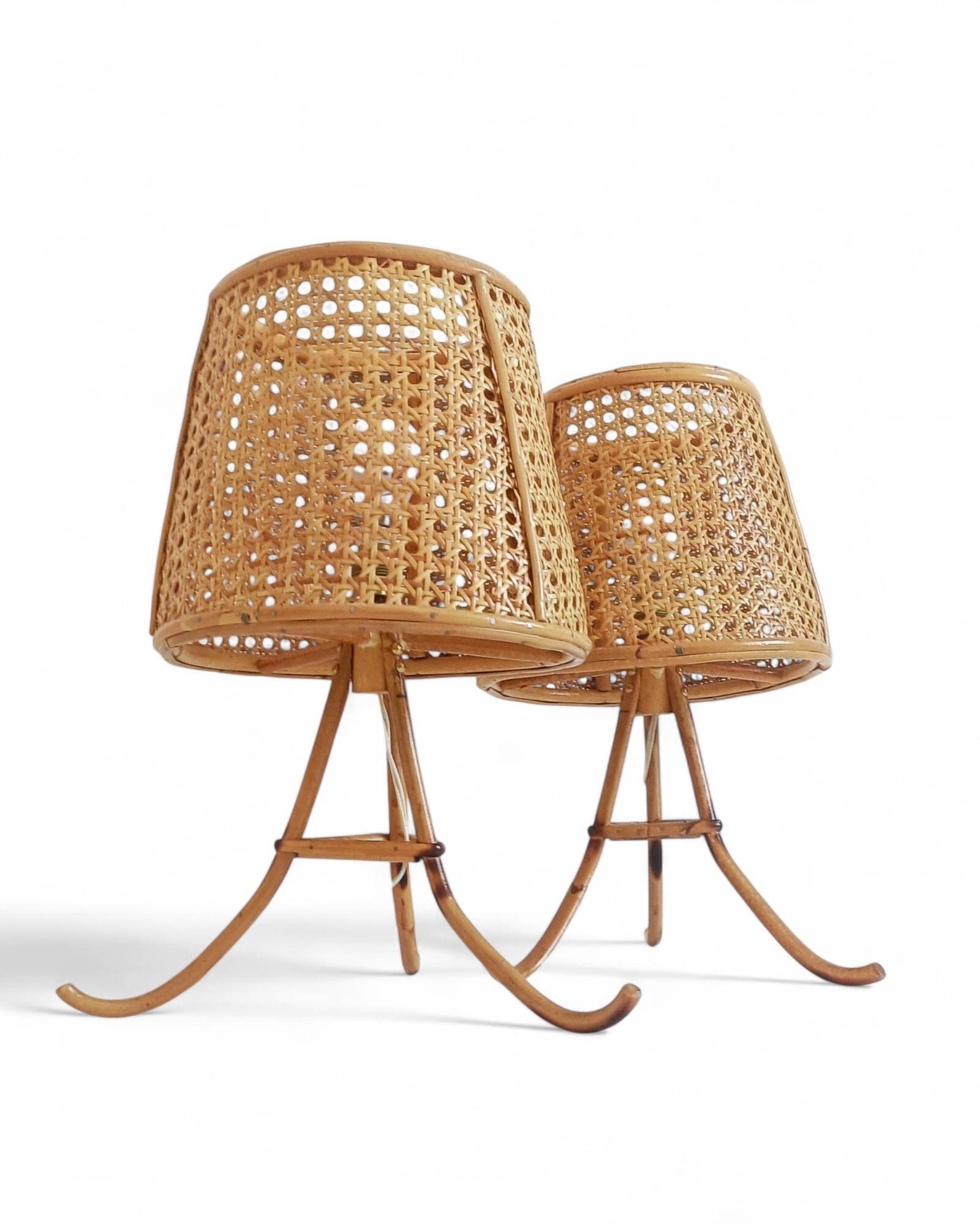 Mid-Century Bamboo and Cane Pair of Large Table Lamps By Louis Sognot, 1970s