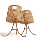 Mid-Century Bamboo and Cane Pair of Large Table Lamps By Louis Sognot, 1970s