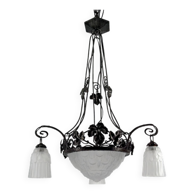 Lustre en fer forgé, tulipes / vasque en verre pressé-moulé, Art Deco, 1930