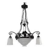 Wrought iron chandelier, tulips / pressed-molded glass bowl, Art Deco, 1930