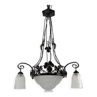 Wrought iron chandelier, tulips / pressed-molded glass bowl, Art Deco, 1930