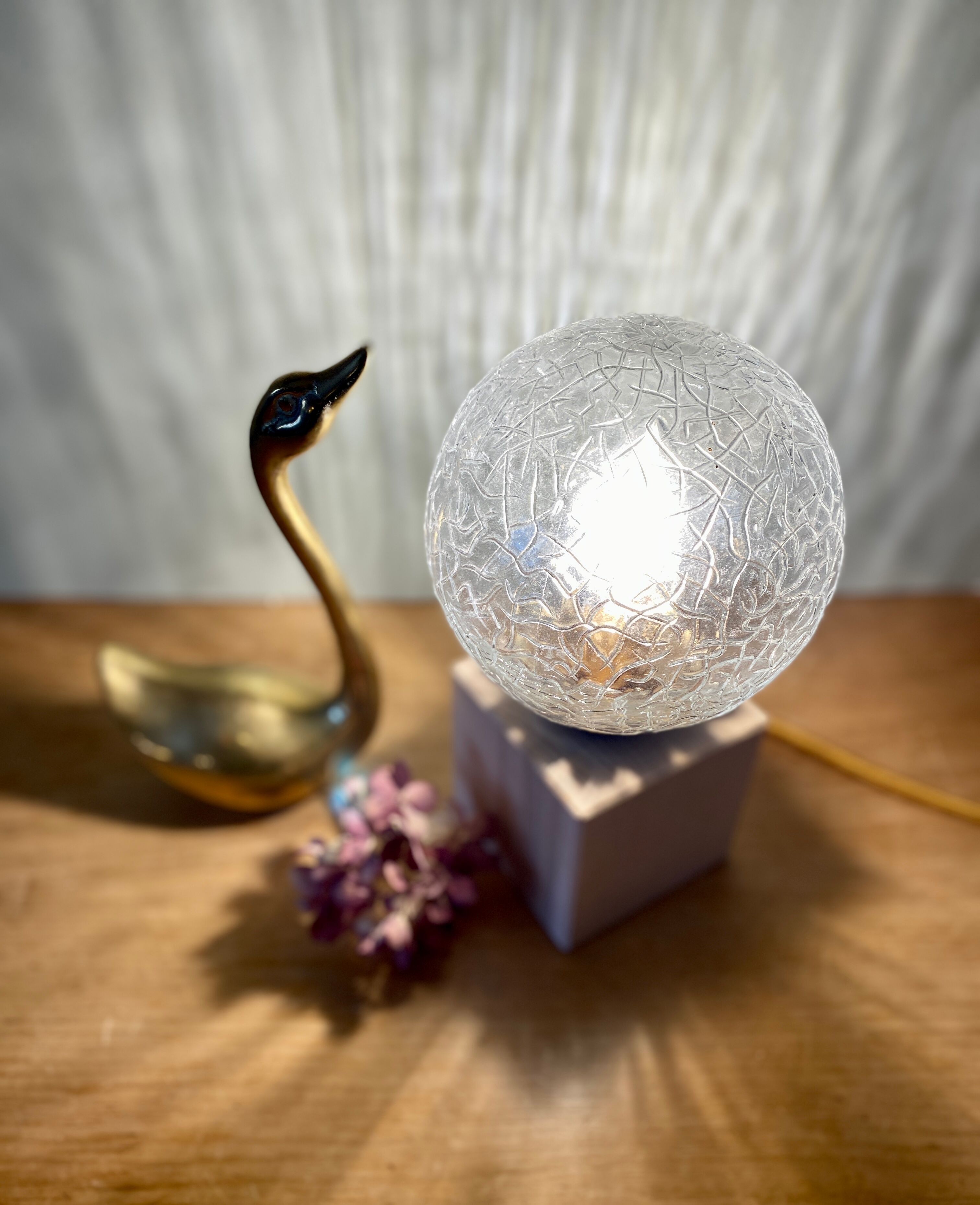 Vintage glass globe table lamp and wooden foot
