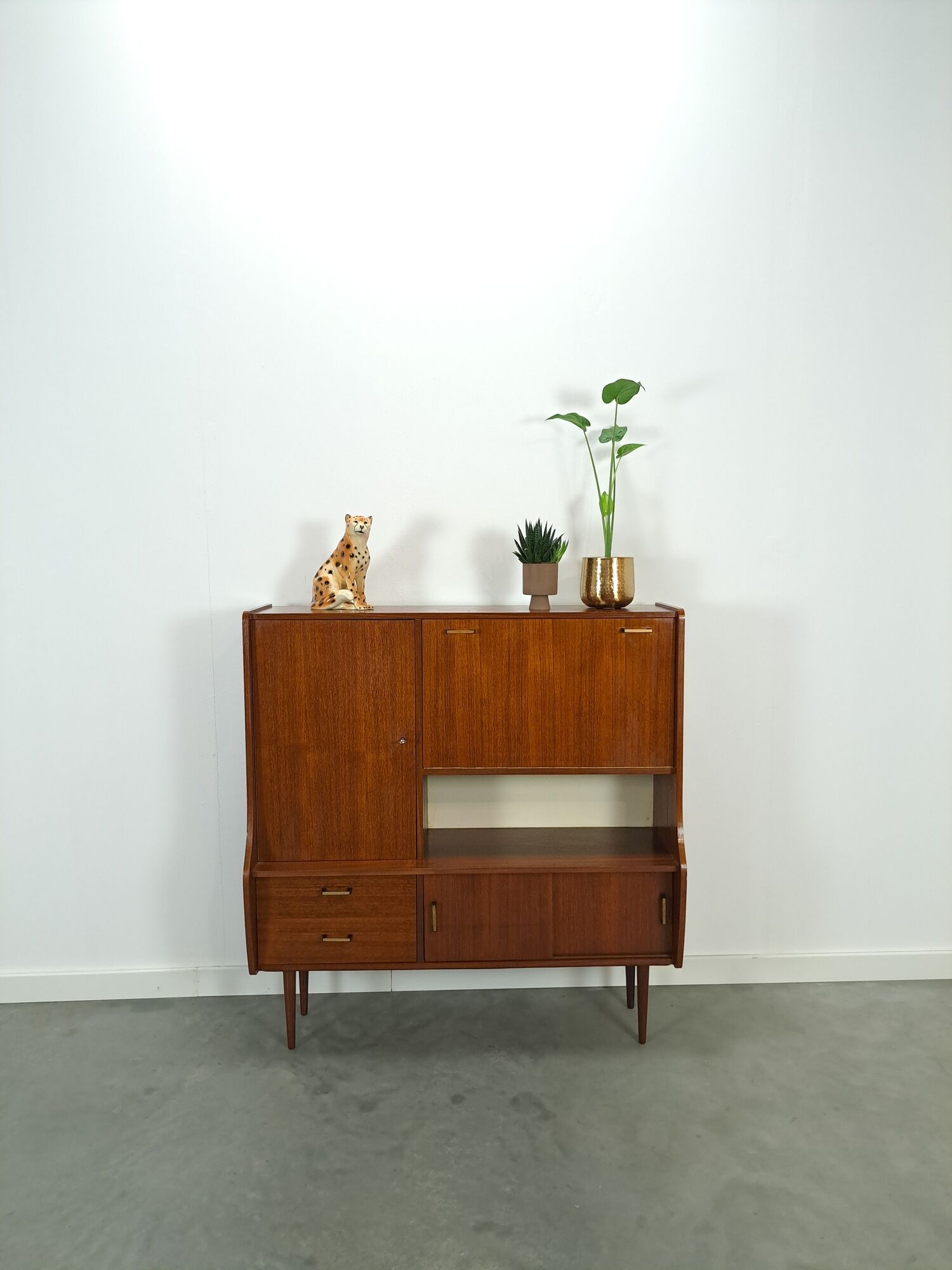 Teak veneer wall cabinet with flap, bar cabinet vintage