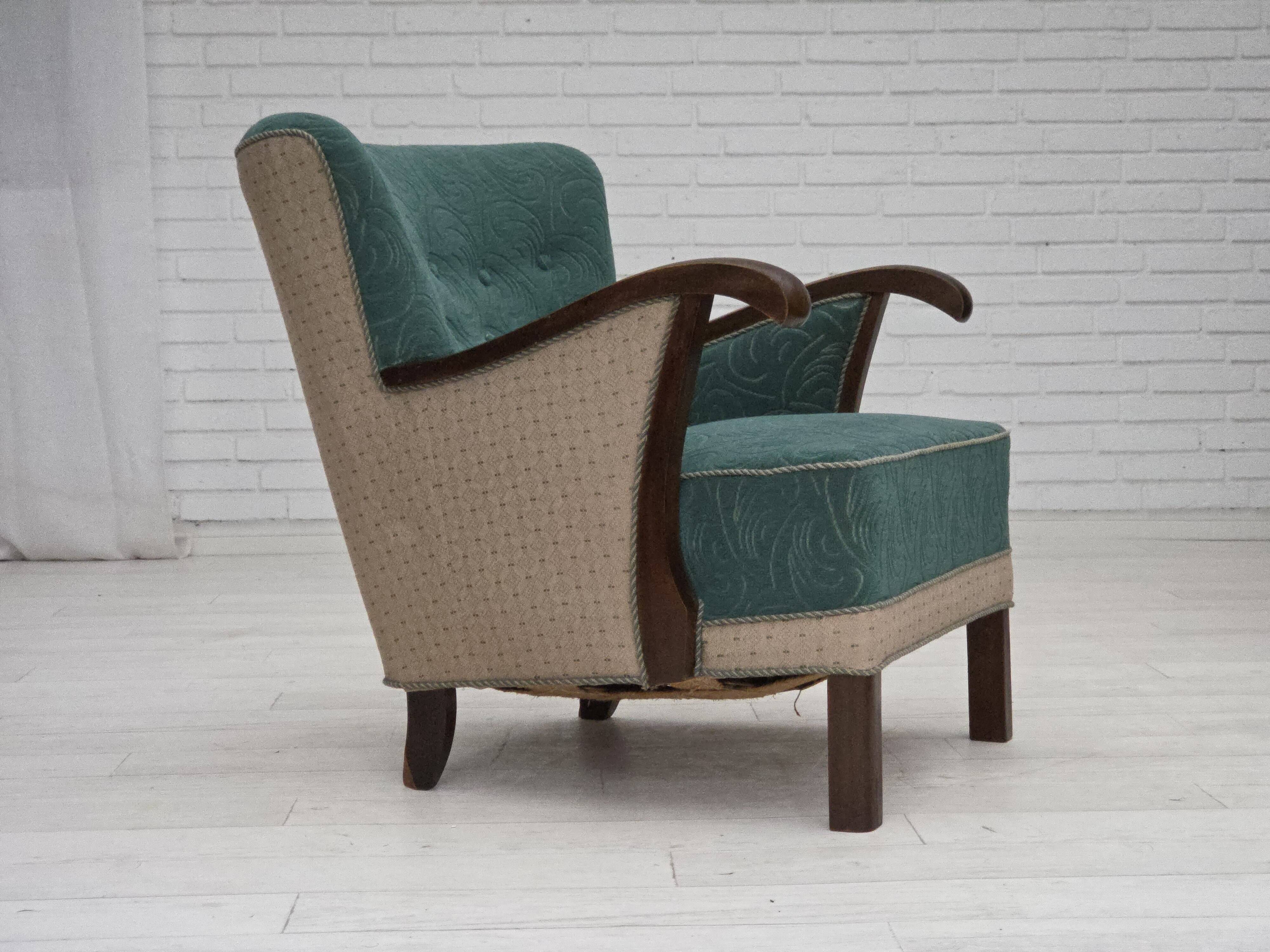 1950s, Danish armchair, original green/beige furniture wool, beech wood.