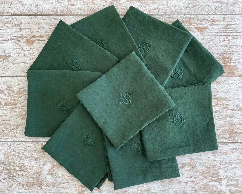 Set of 8 monogrammed fir green towels EH - 65x61cm - linen
