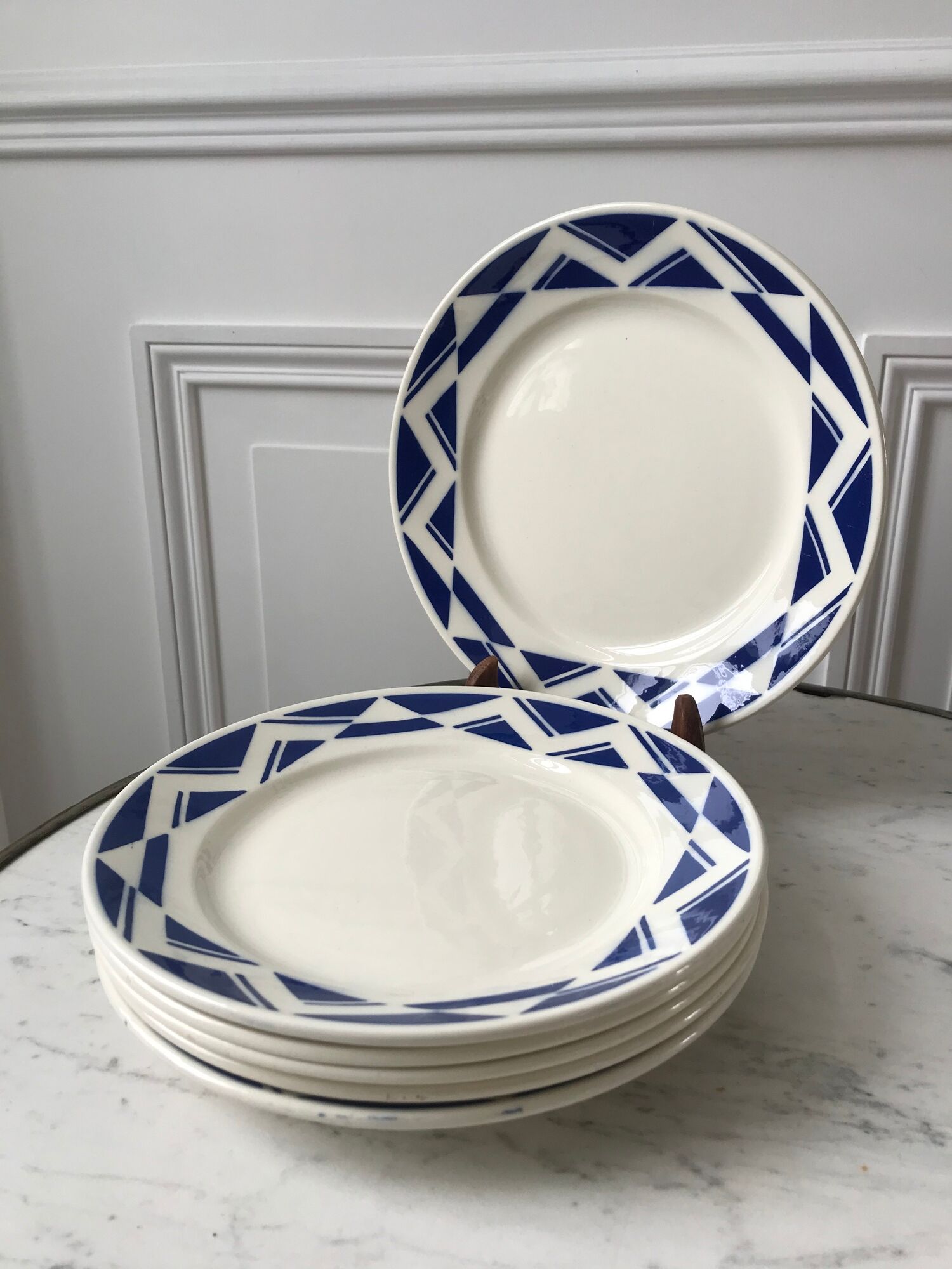 Set of 6 flat plates Badonviller model Courtilles royal blue art deco 30s