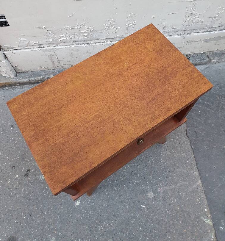 Wooden bedside table, compass legs, 1950