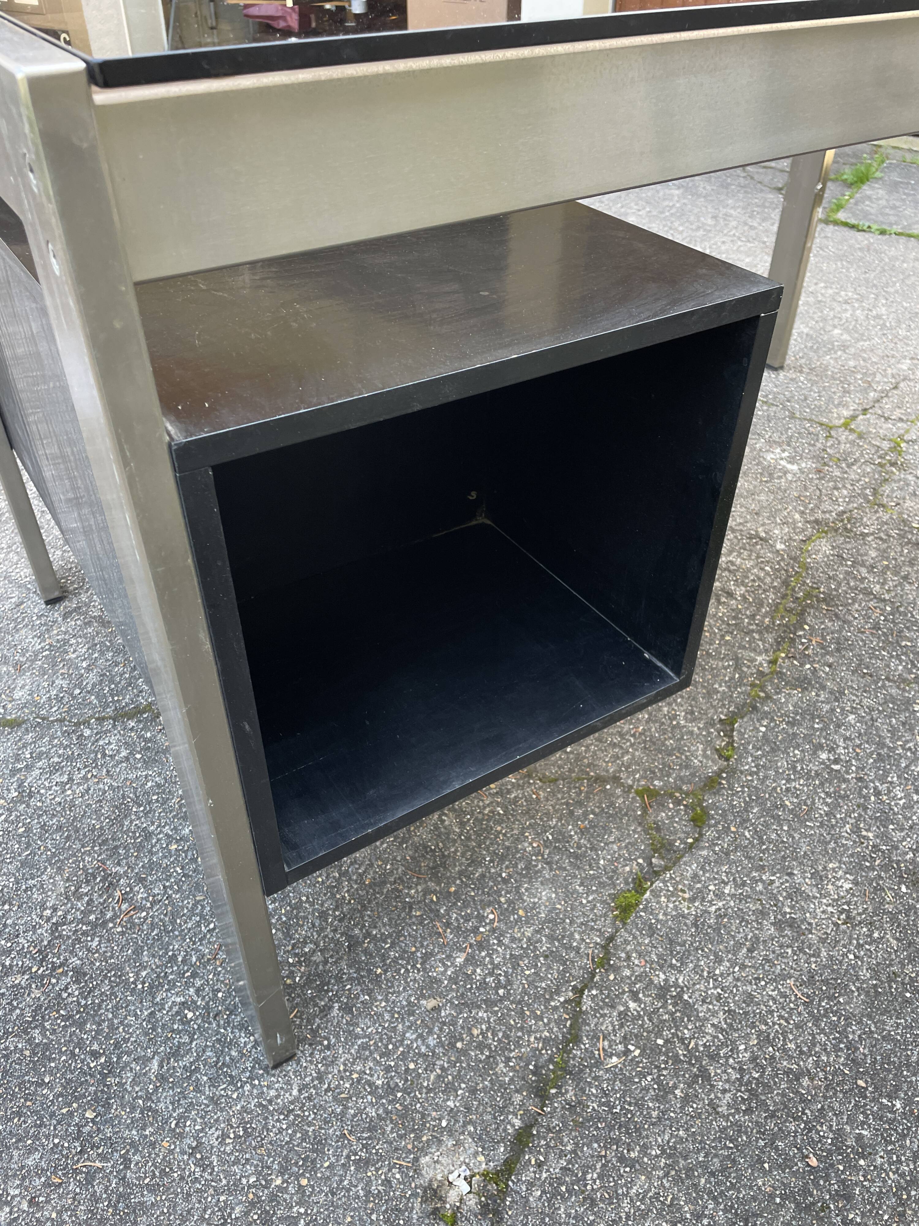 Vintage desk in smoked glass and brushed steel. 1970. Suspended box