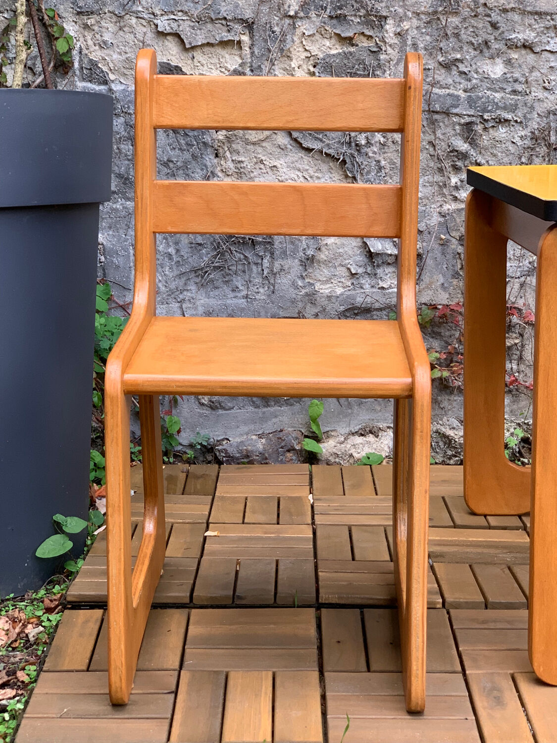 Children's wooden and formica desk and sled chairs 1970