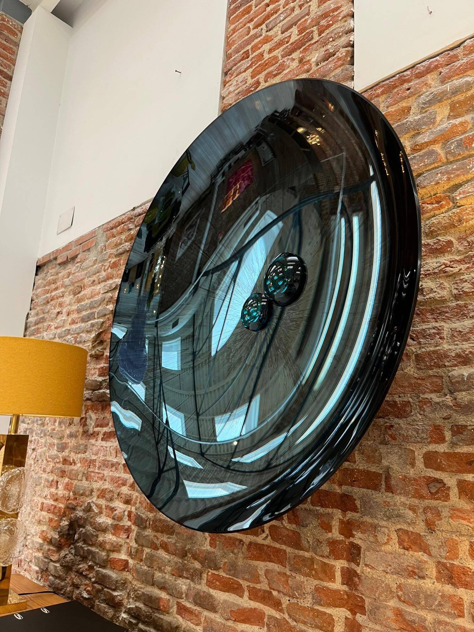 Contemporary Sculptural Concave Round Mirror in Blue, Made in France