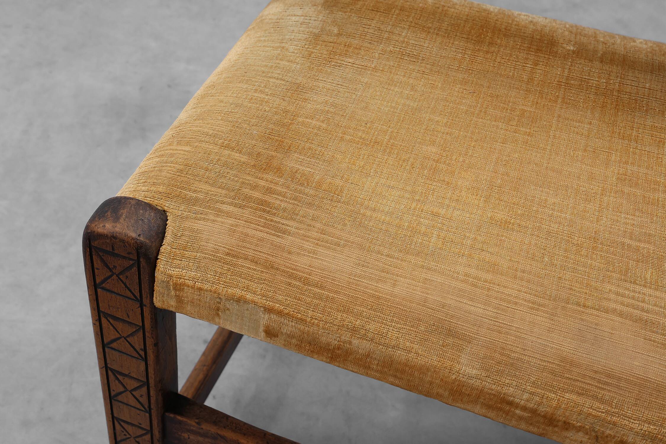 19th Century Spanish Hand-Carved oak Side Chair with Velour Seat