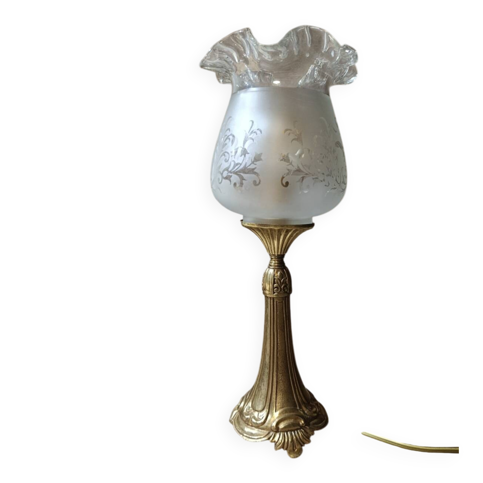 Lampe de table rétro chic bronze, globe à volant, vintage upcyclé