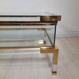 Coffee table with sliding shelf in lucite, brass and glass, Hollywood Regency