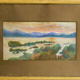 Tableau peinture ancienne coucher de soleil début XXe
