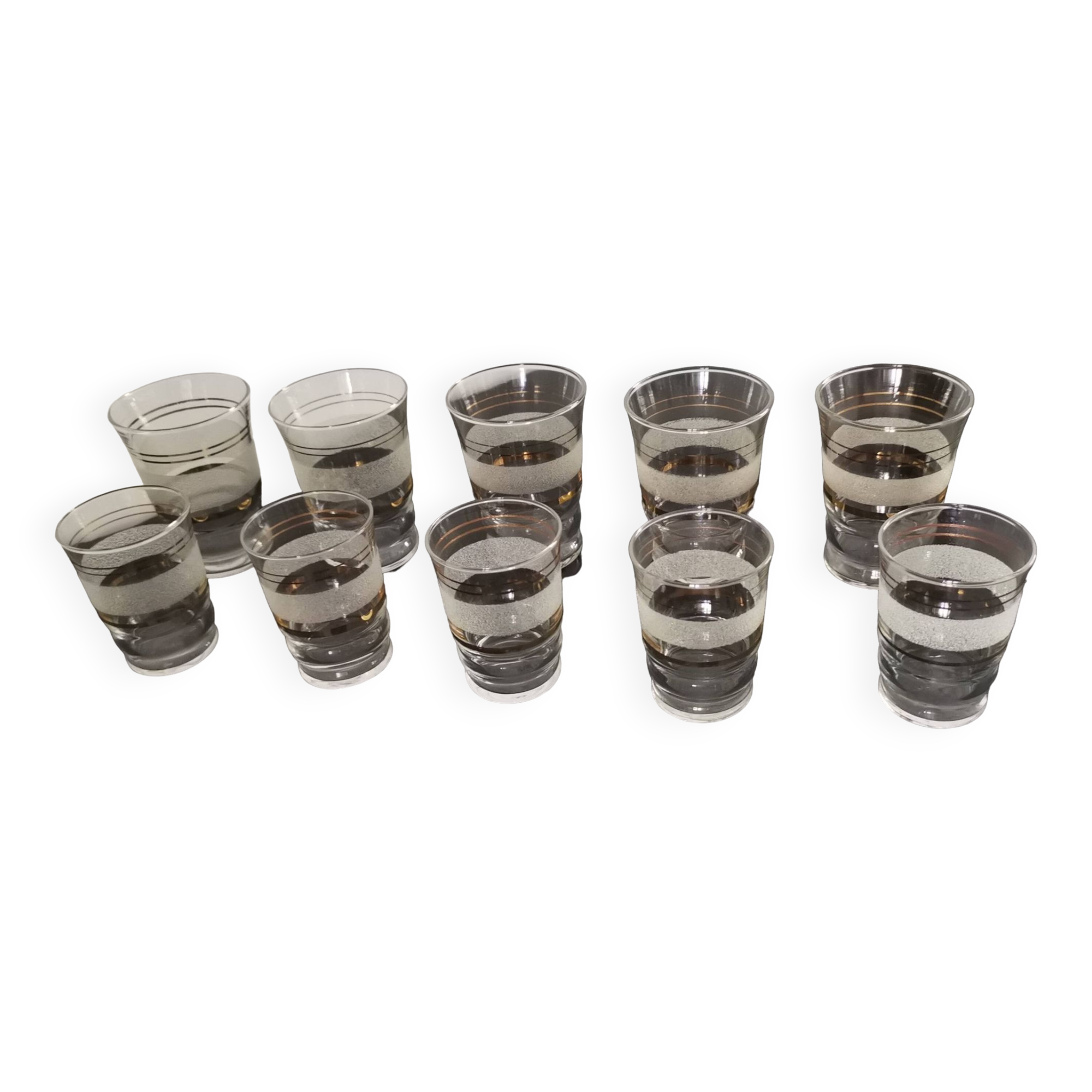 Set of 5 water glasses and 5 aperitif glasses with granite decorations and gold edging from the 1950s