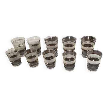 Set of 5 water glasses and 5 aperitif glasses with granite decorations and gold edging from the 1950s