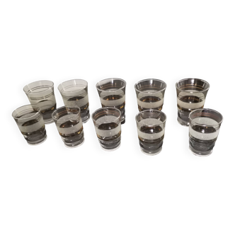 Set of 5 water glasses and 5 aperitif glasses with granite decorations and gold edging from the 1950s