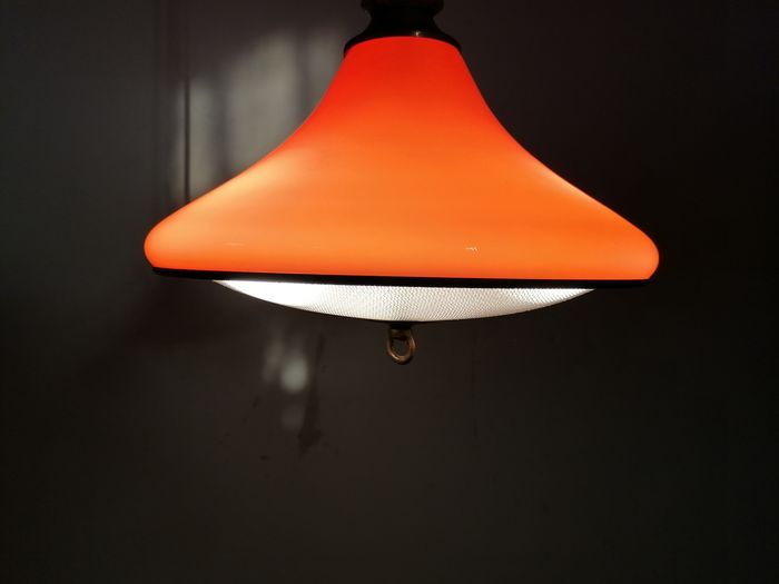Vintage glass and brass pendant lamp / Italy, 60s