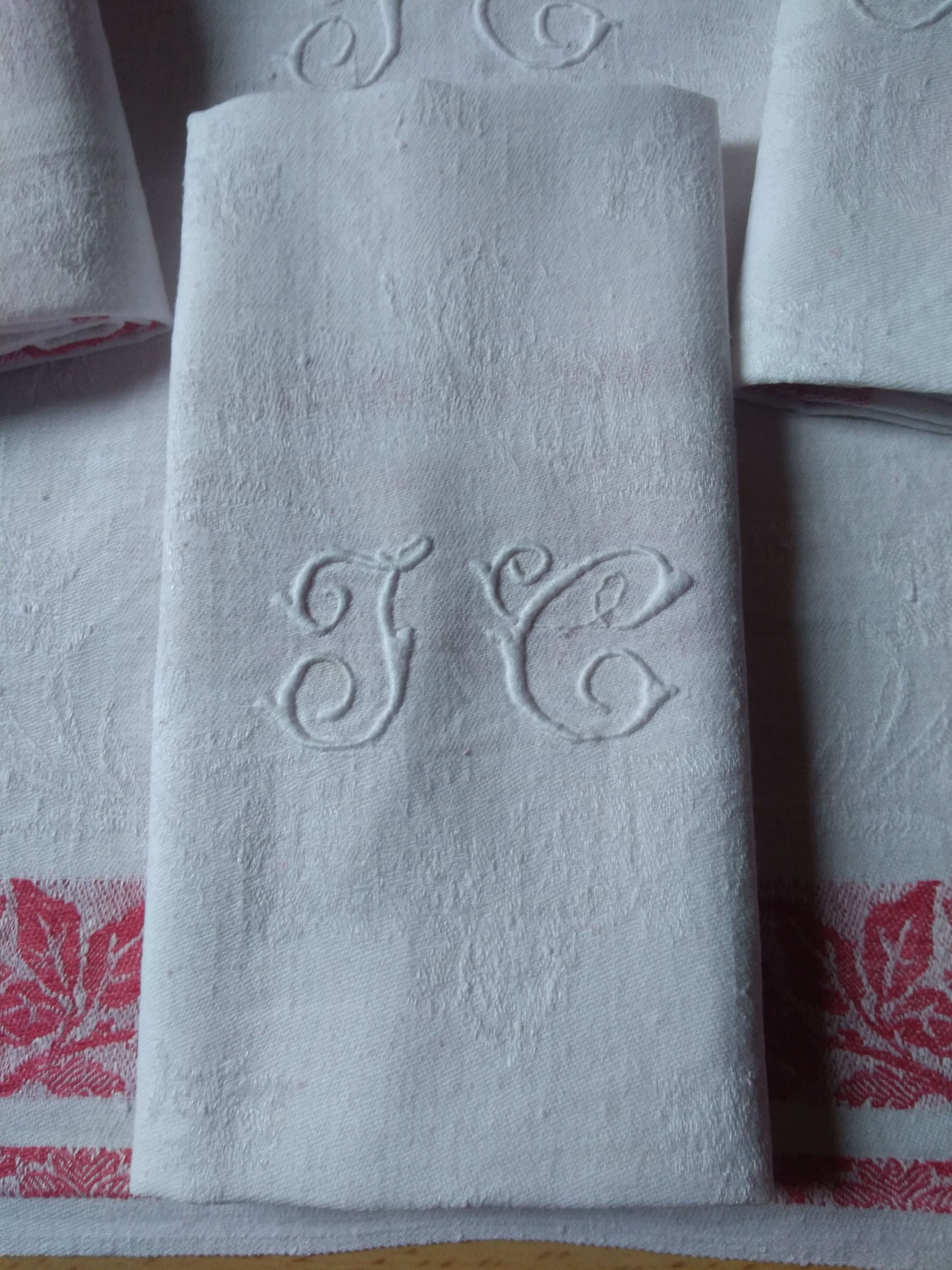 12 Ancient towel embroidered monogrammed JC floral red litter Napoleon III