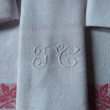 12 Ancient towel embroidered monogrammed JC floral red litter Napoleon III