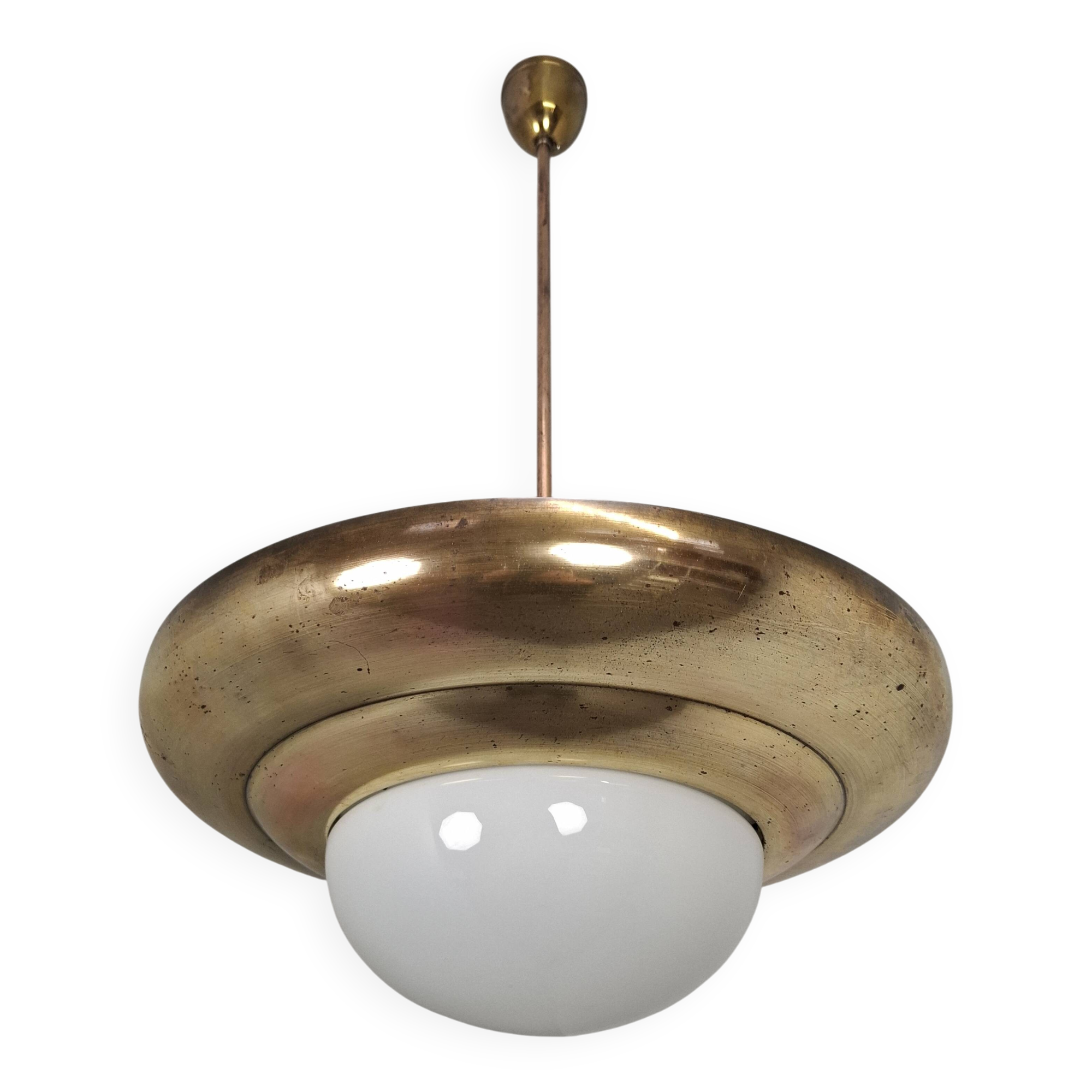 1920 Czechoslovak Art Deco Brass and Opaline Glass Pendant Lamp, Napako 134