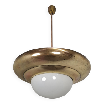 1920 Czechoslovak Art Deco Brass and Opaline Glass Pendant Lamp, Napako 134