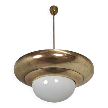 1920 Czechoslovak Art Deco Brass and Opaline Glass Pendant Lamp, Napako 134