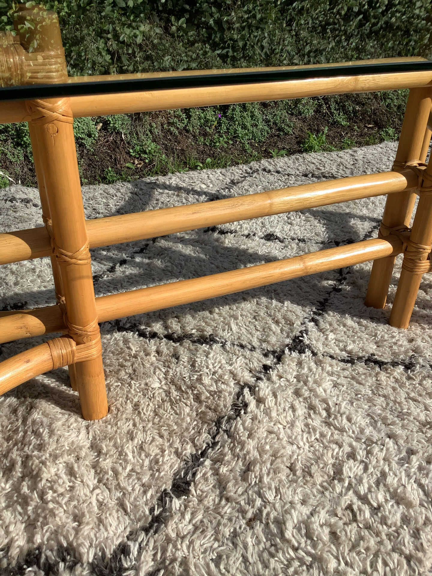 1970s rattan and glass coffee table