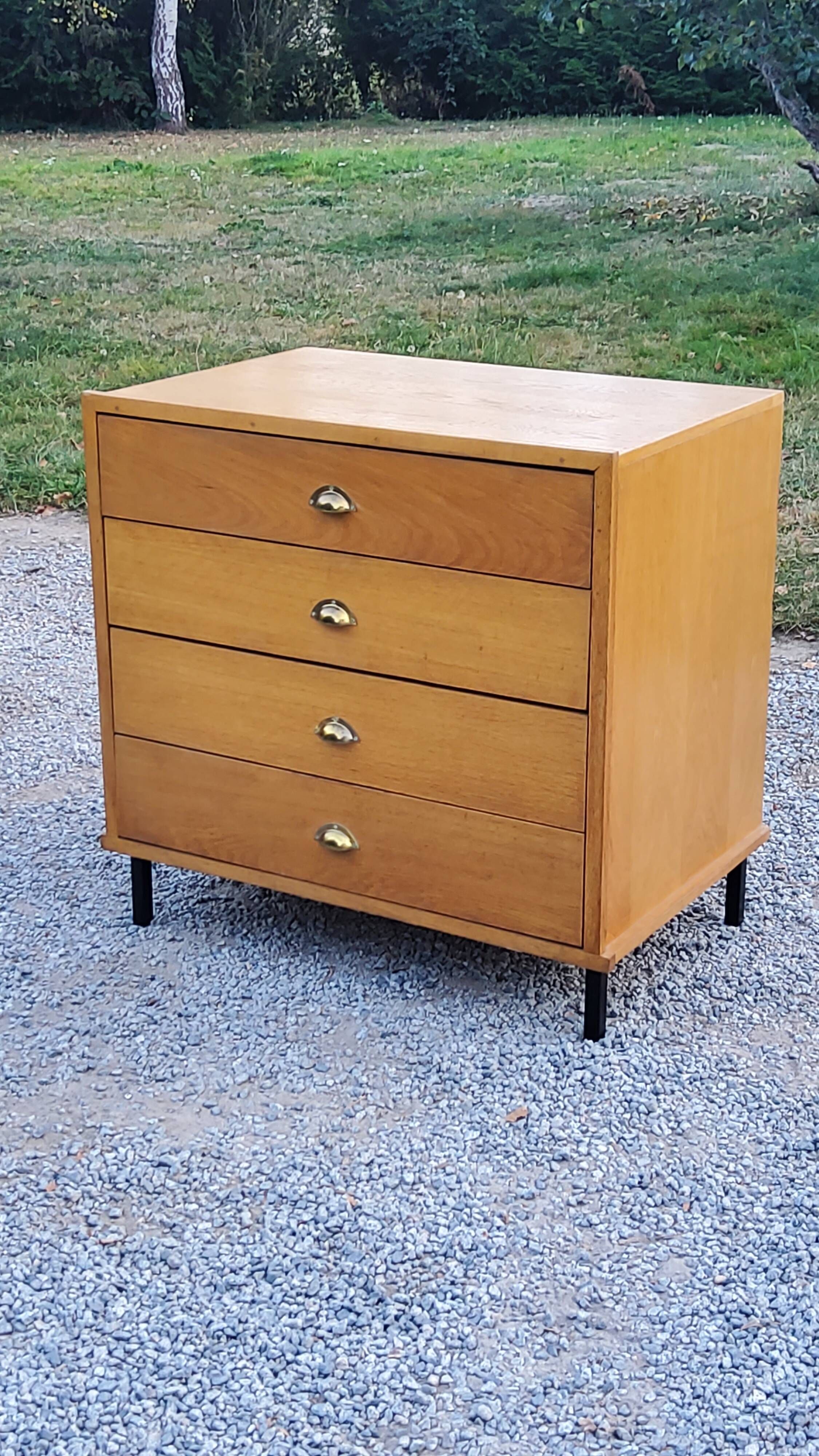 Vintage store chest of drawers in blond oak metal tube legs 4 drawers