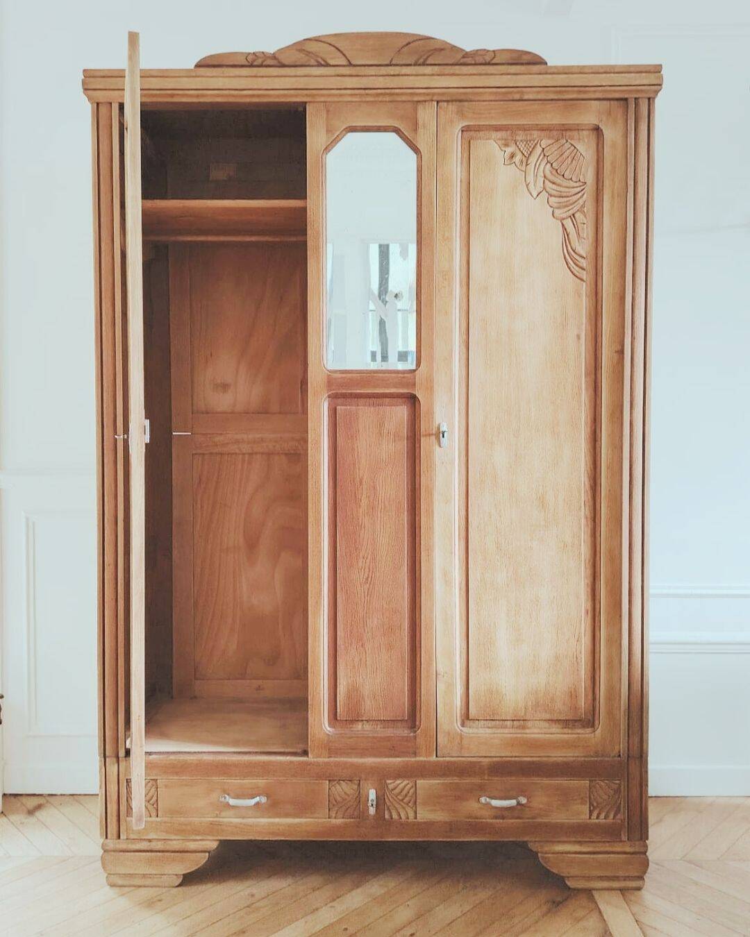 Art Deco carved wood wardrobe with 2 doors and 1 mirror, renovated