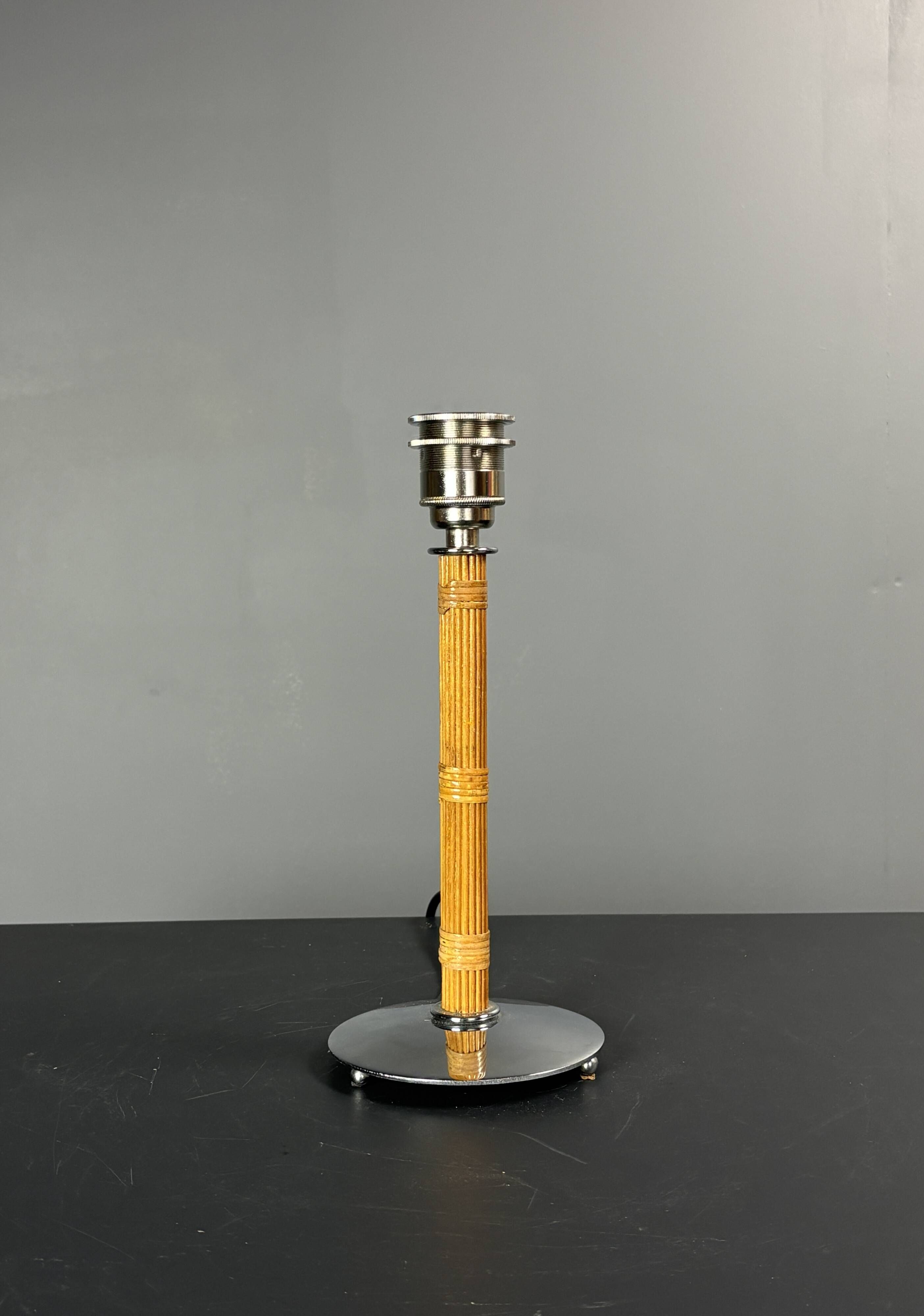 Set of 2 pencil reed rattan bamboo and chrome table lamps, 1980s