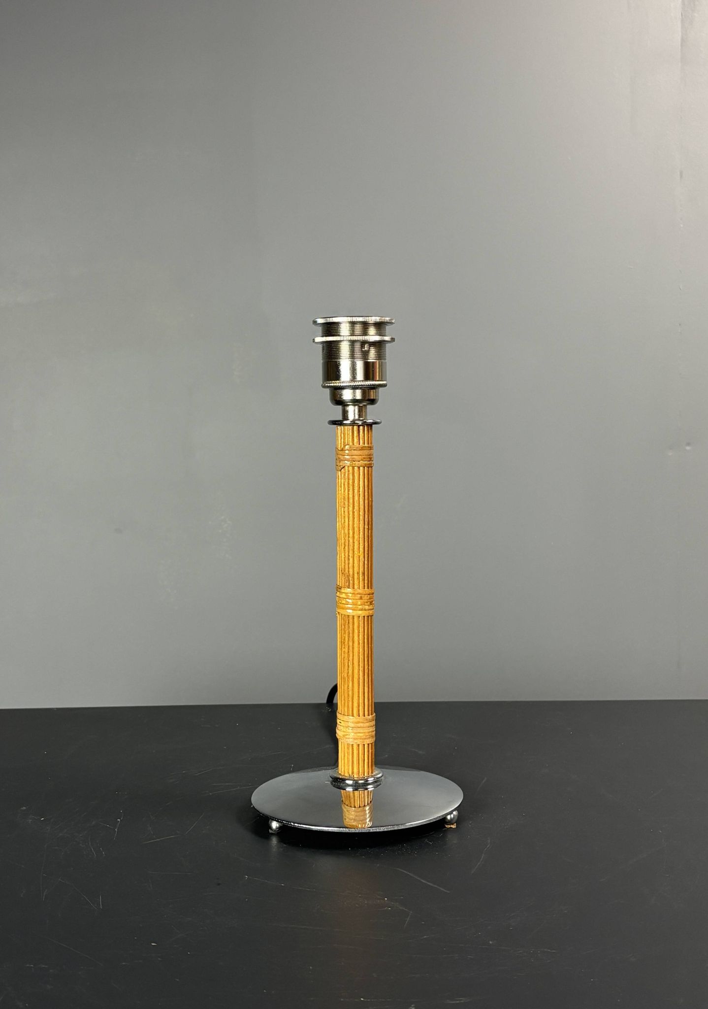 Set of 2 pencil reed rattan bamboo and chrome table lamps, 1980s