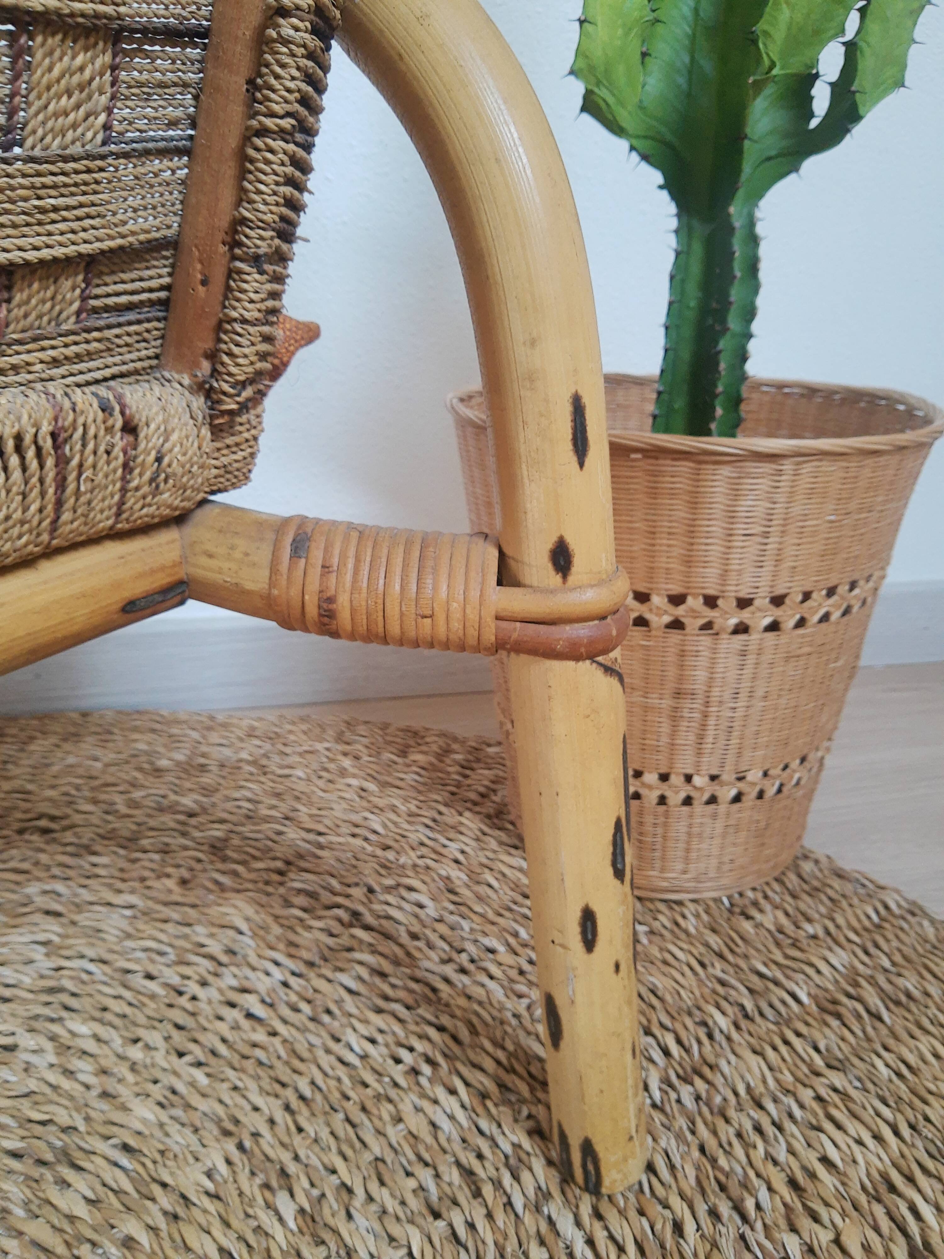 Vintage rattan and braided rope armchair