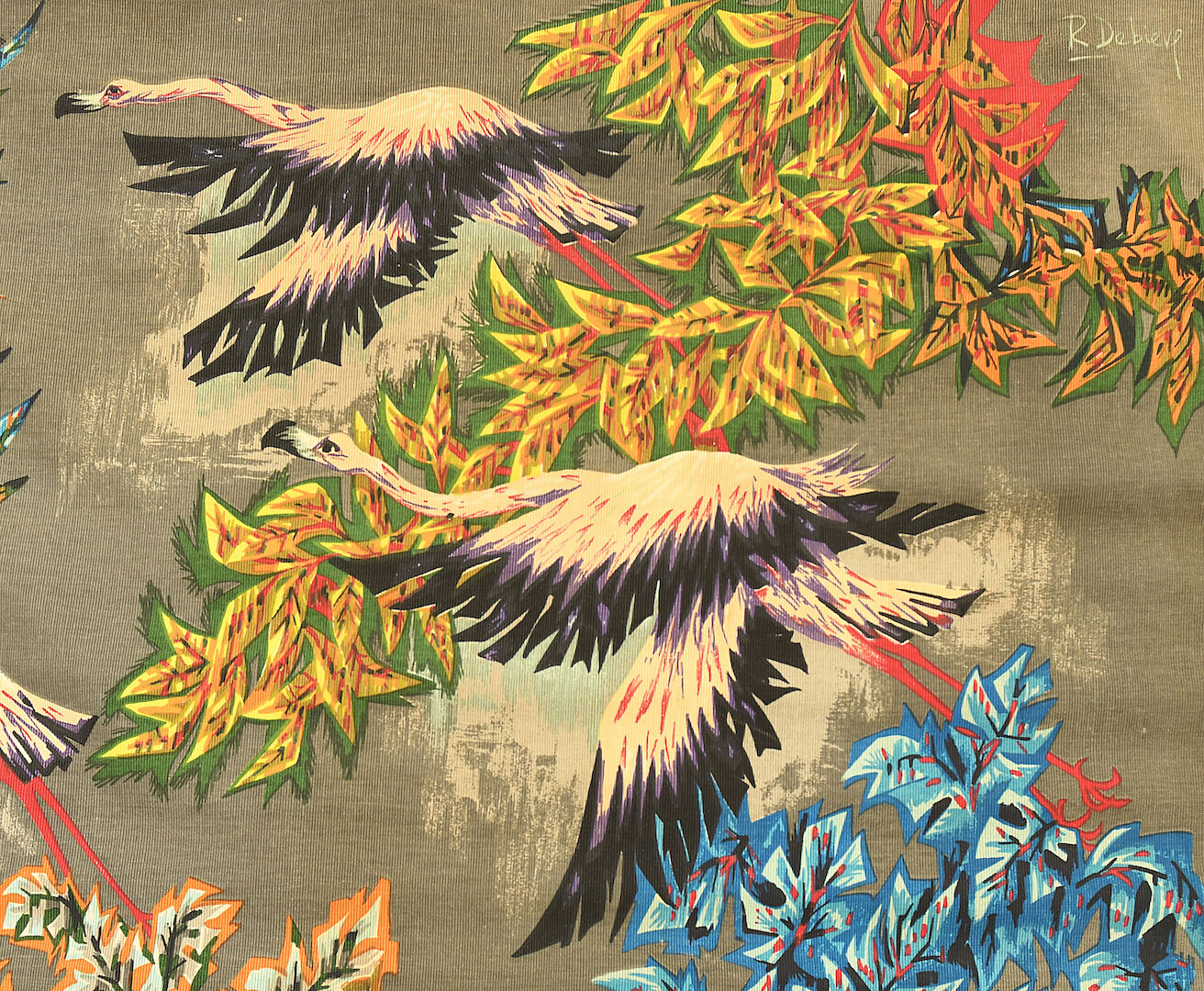 Tapestry by Robert Debiève "The flight of flamingos"