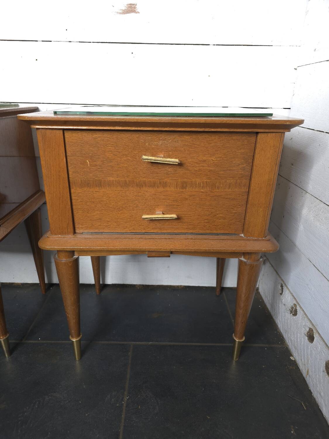 Pair of vintage oak bedside tables with mirror top