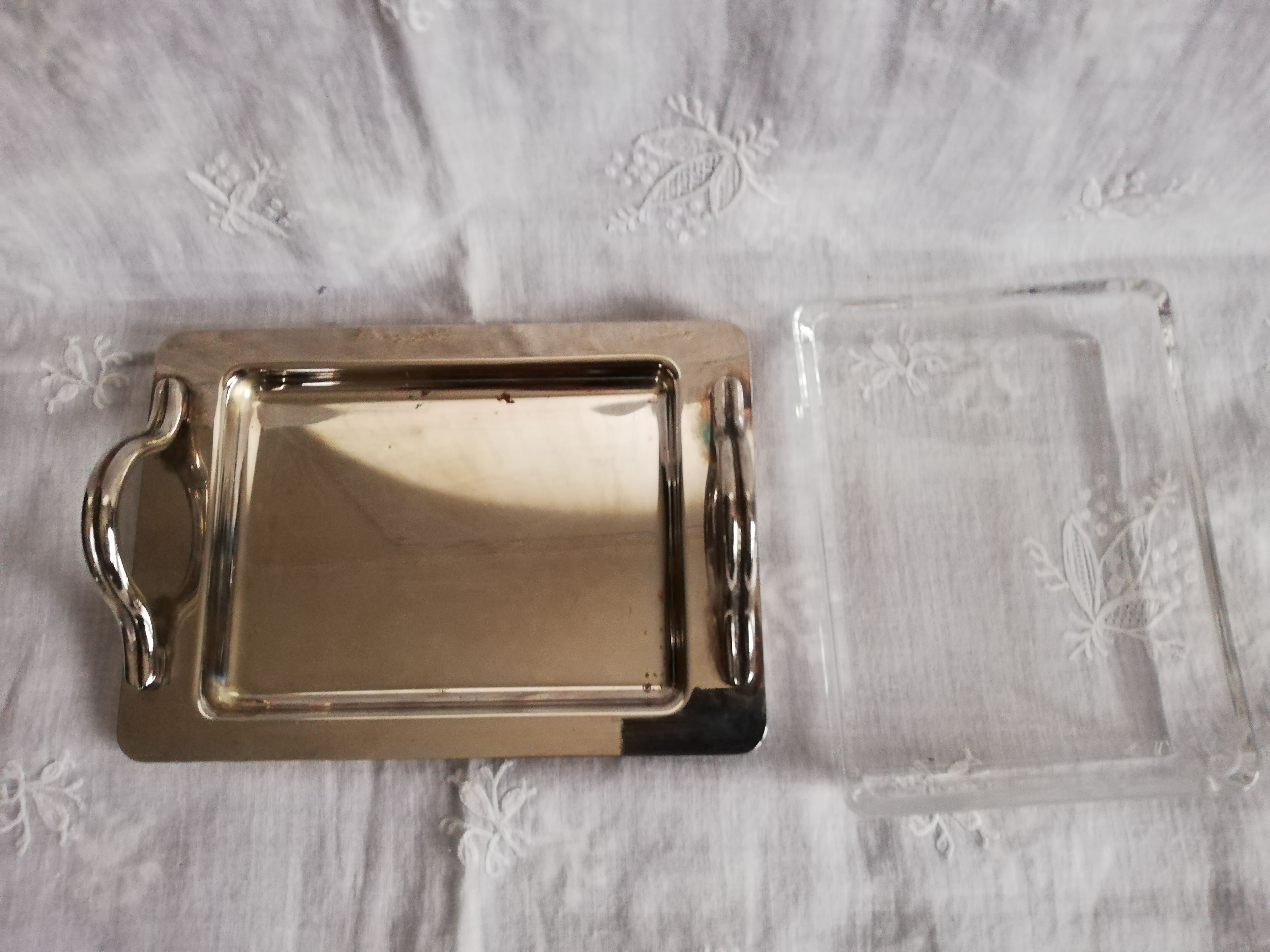 Art deco glass and silver metal butter dish