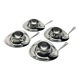 Four stainless steel egg cups and spoons