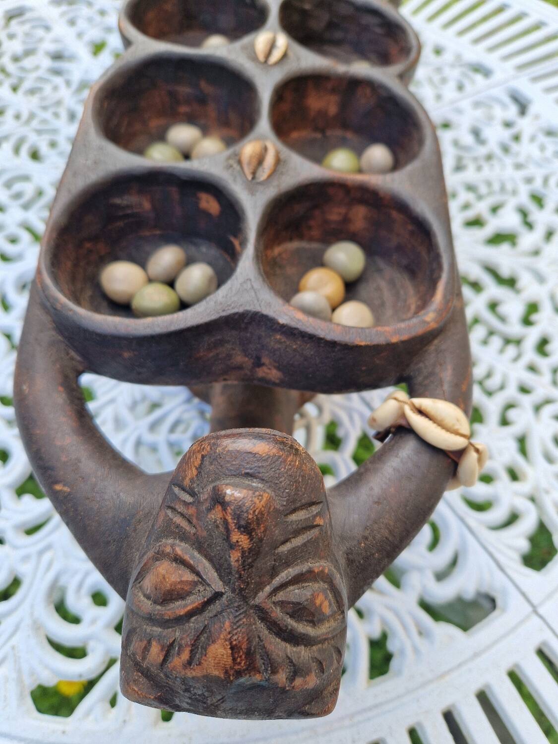 Large vintage Awale Oware game hand carved wood Nigeria 1980s