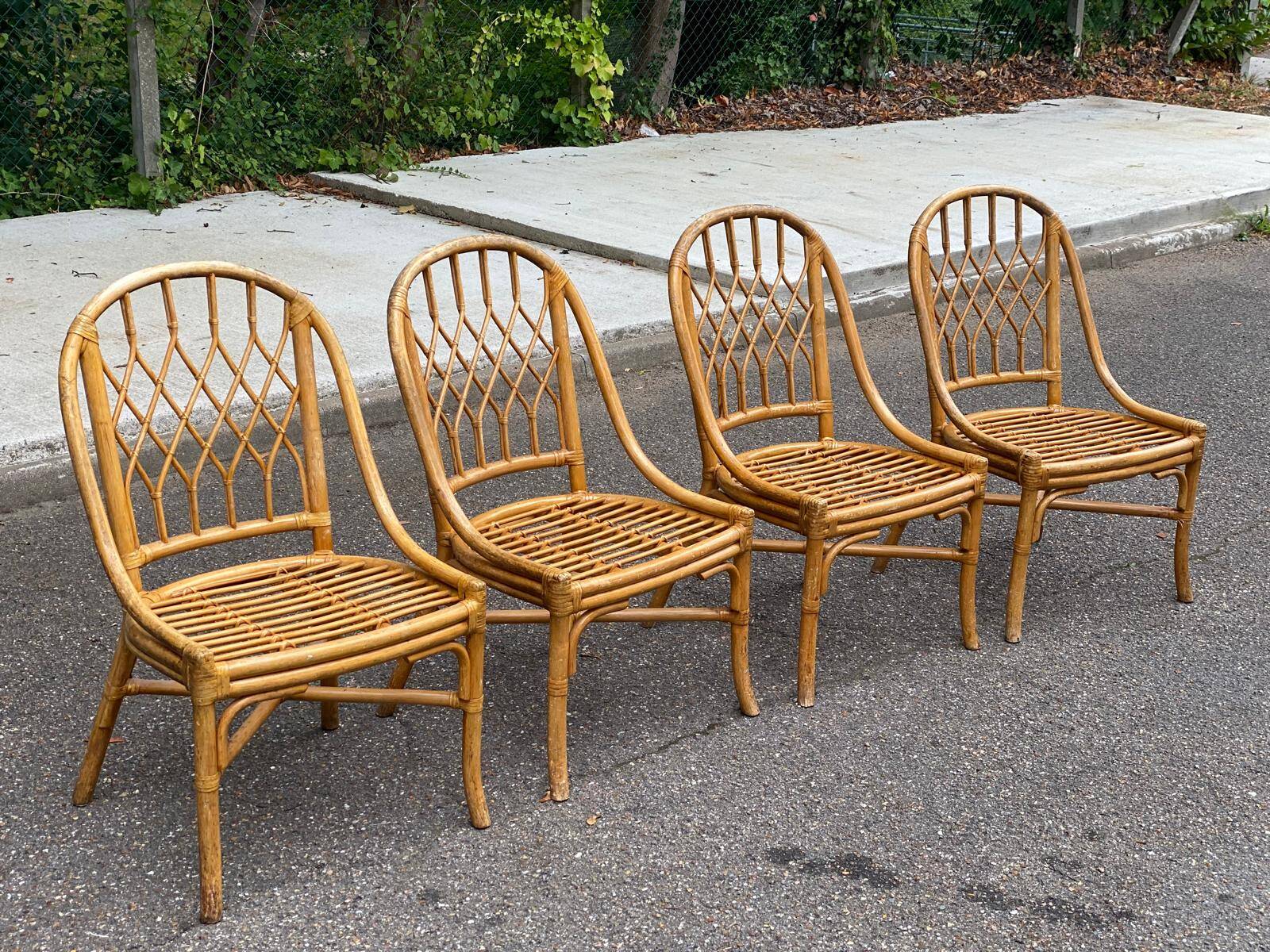 4 bamboo, rattan and wicker gondola chairs from the 70s