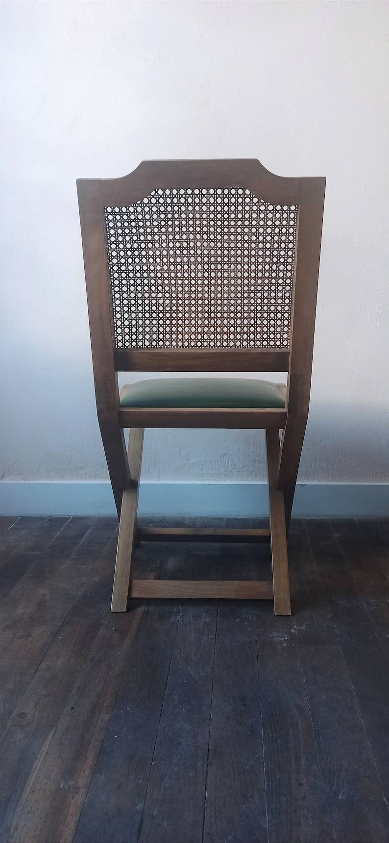 Set of 6 vintage French chairs in solid wood, canework and sky green