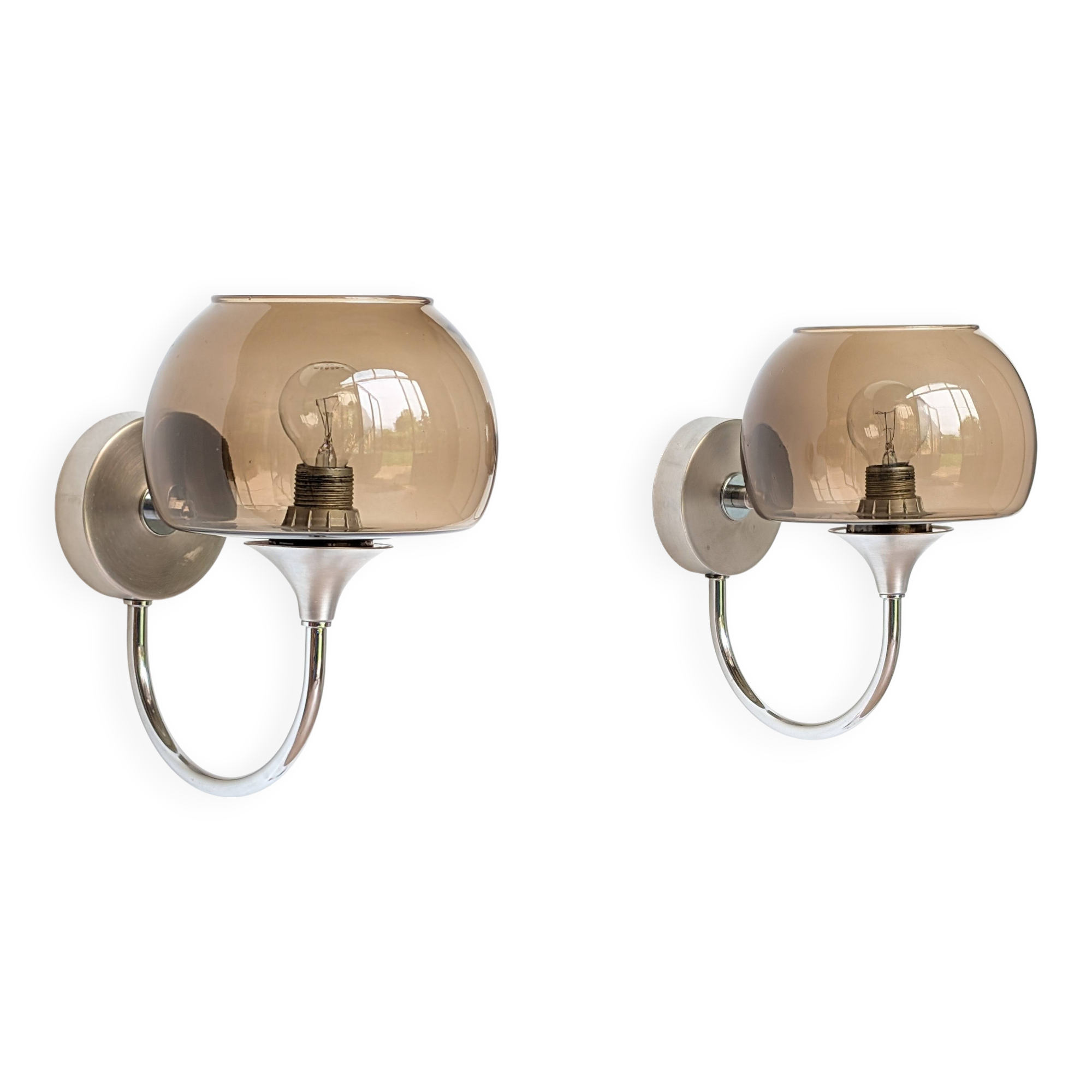 Pair of chrome and glass wall lights
