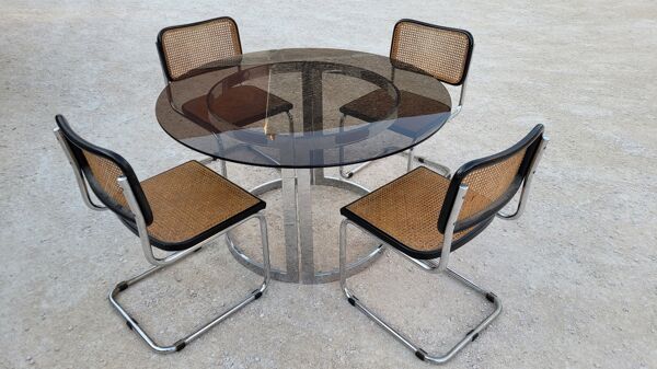 Table design ronde en verre et acier chromé par Vittorio Introini pour Saporiti, italy 1970