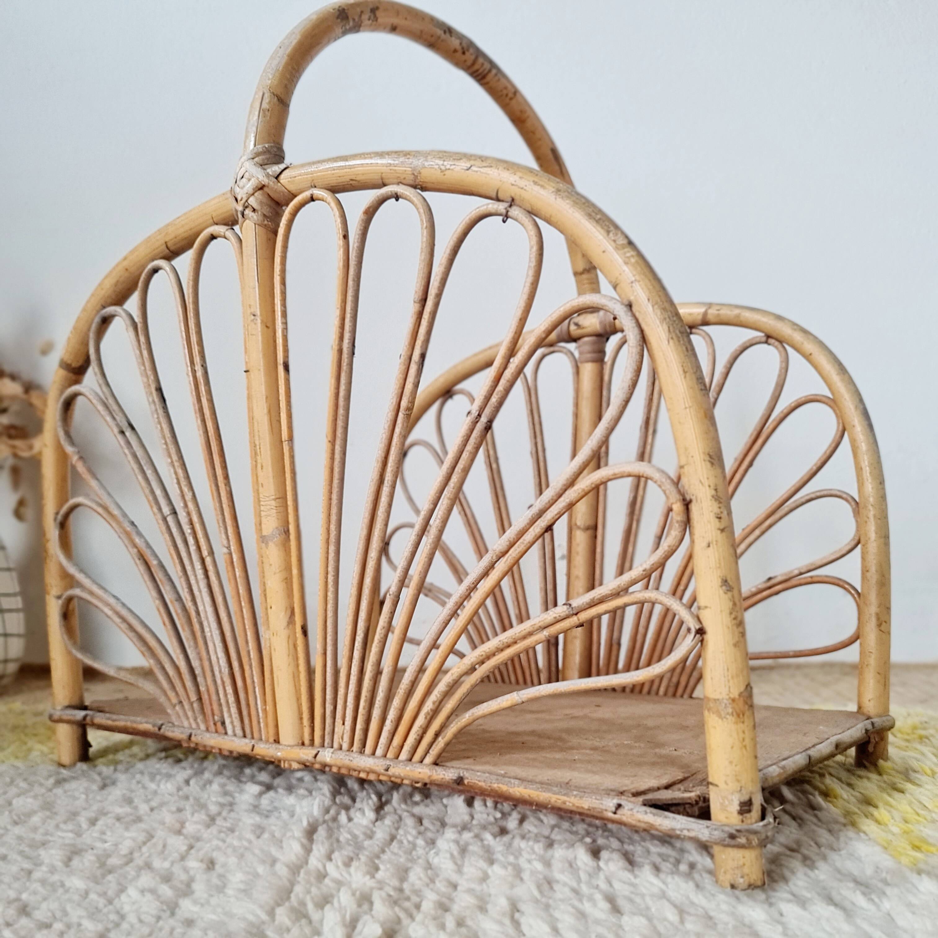 Magazine rack, vintage rattan storage