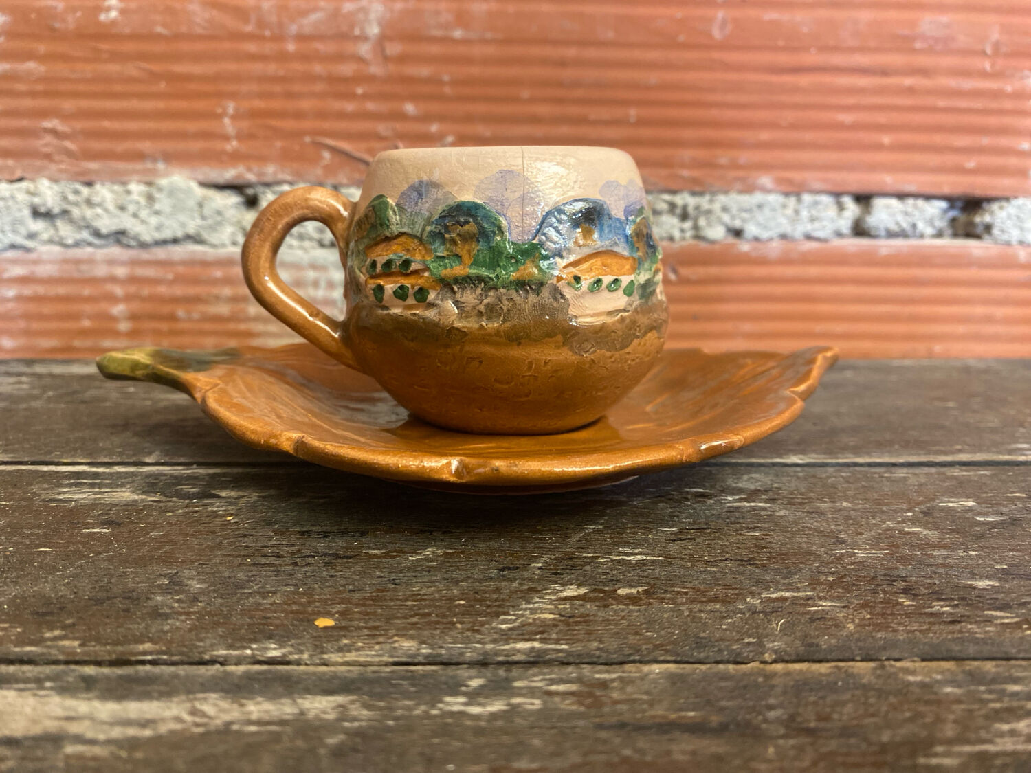 Teapot + 3 Antique Glazed Terracotta Cups Landscape Decor Vintage